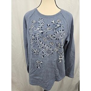 J. Jill Blue Embroidered Floral Paisley French Terry Sweatshirt Womens Medium